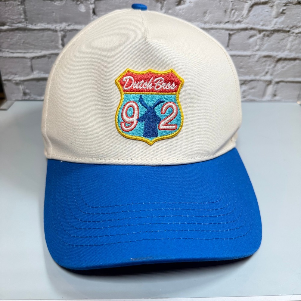 Dutch Bros Trucker Hat Mens OS Cream Blue Embroidered Windmill Snapback Cap